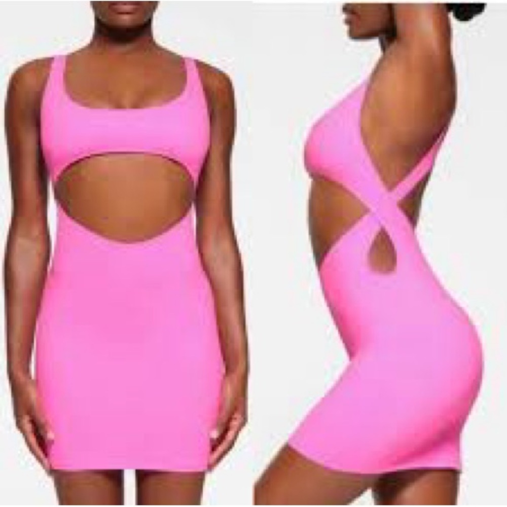 NWT SKIMS Recycled Swim Cutout Tank Dress Taffy Pink Bodycon Womenβs Size Large